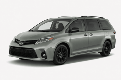 A silver-gray Toyota Sienna minivan with black wheels and roof rails, shown from a three-quarter front angle on a light gray studio background.