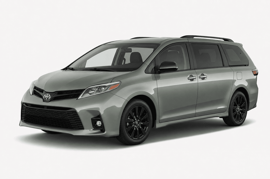 A silver-gray Toyota Sienna minivan with black wheels and roof rails, shown from a three-quarter front angle on a light gray studio background.