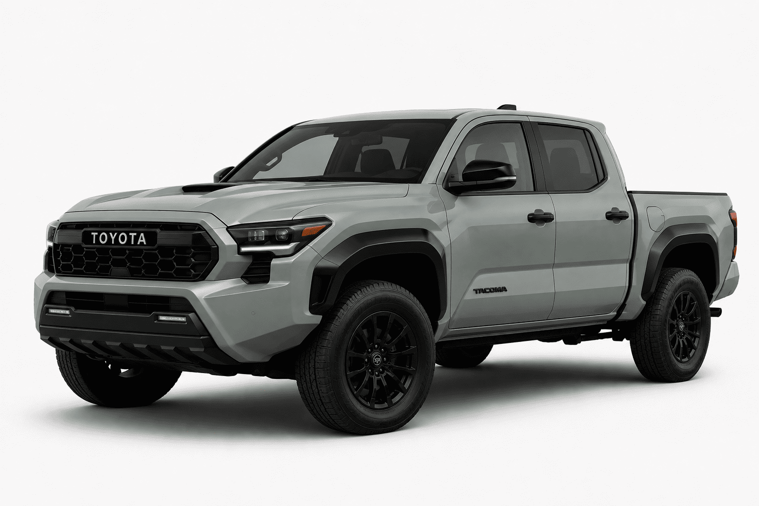 A silver Toyota Tacoma pickup truck shown from a three-quarter front angle on a clean, light gray studio background.