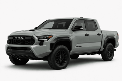 A silver Toyota Tacoma pickup truck shown from a three-quarter front angle on a clean, light gray studio background.