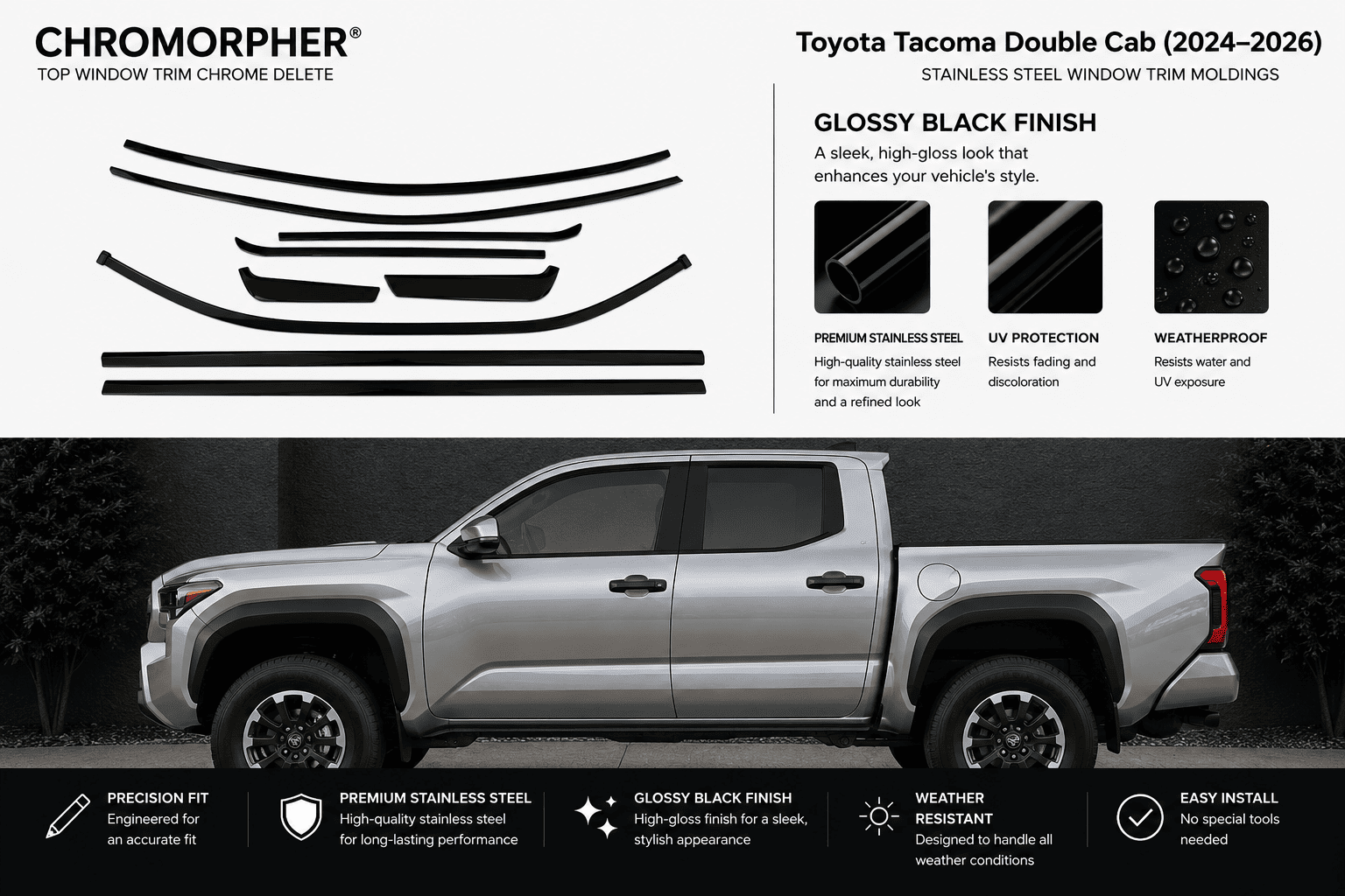 Chromorpher glossy black finish top window trim chrome delete kit for Toyota Tacoma Double Cab (2024-2026). The top half shows the black trim pieces and product features, while the bottom half shows a silver Toyota Tacoma with the black trim installed.