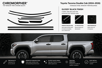 Chromorpher glossy black finish top window trim chrome delete kit for Toyota Tacoma Double Cab (2024-2026). The top half shows the black trim pieces and product features, while the bottom half shows a silver Toyota Tacoma with the black trim installed.