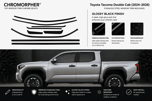 Chromorpher glossy black finish top window trim chrome delete kit for Toyota Tacoma Double Cab (2024-2026). The top half shows the black trim pieces and product features, while the bottom half shows a silver Toyota Tacoma with the black trim installed.