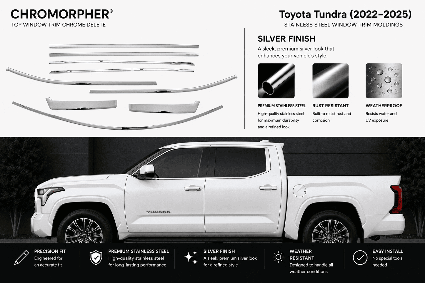 Chrome window trim chrome delete kit for a Toyota Tundra 2022-2025, featuring silver-finished metal trim pieces shown on a white pickup truck against a dark background.