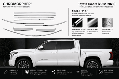 Chrome window trim chrome delete kit for a Toyota Tundra 2022-2025, featuring silver-finished metal trim pieces shown on a white pickup truck against a dark background.