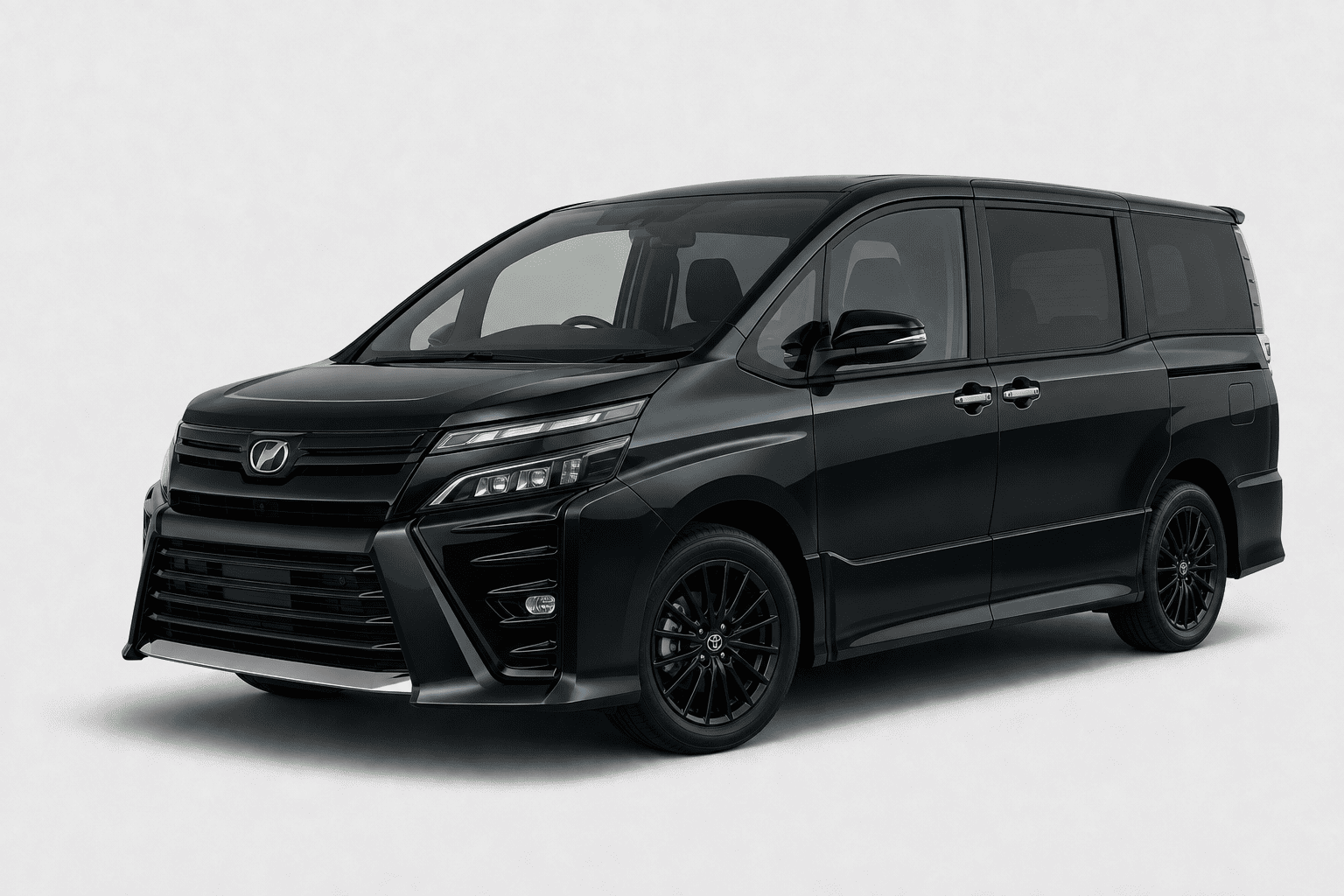 A black luxury minivan with a large front grille, sleek headlights, and black multi-spoke wheels, photographed on a light gray studio background.
