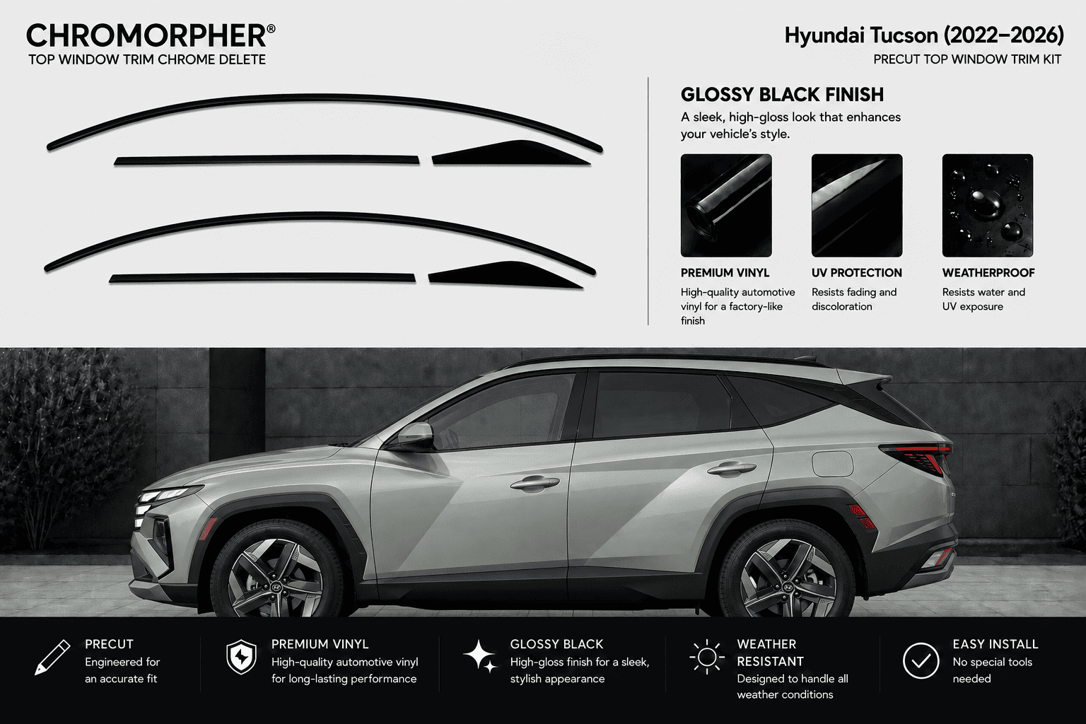 Chromorpher Hyundai Tucson top window trim chrome delete kit shown with black curved decal pieces on a light gray background and a silver Hyundai Tucson SUV in a dark outdoor setting. The image includes feature callouts for glossy black finish, UV protection, and weatherproof.