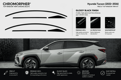 Chromorpher Hyundai Tucson top window trim chrome delete kit shown with black curved decal pieces on a light gray background and a silver Hyundai Tucson SUV in a dark outdoor setting. The image includes feature callouts for glossy black finish, UV protection, and weatherproof.