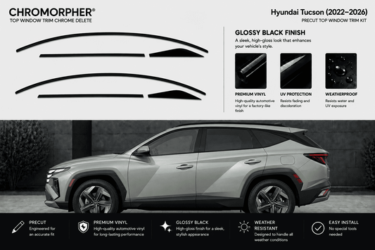 Chromorpher Hyundai Tucson top window trim chrome delete kit shown with black curved decal pieces on a light gray background and a silver Hyundai Tucson SUV in a dark outdoor setting. The image includes feature callouts for glossy black finish, UV protection, and weatherproof.