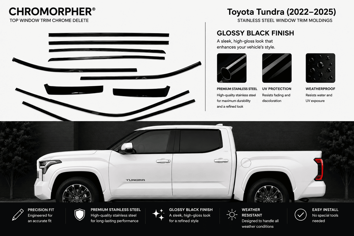 Chrome Morpher top window trim chrome delete decals shown on a white Chevrolet Tahoe, with text detailing the glossy black finish, stainless steel construction, and weatherproof features.