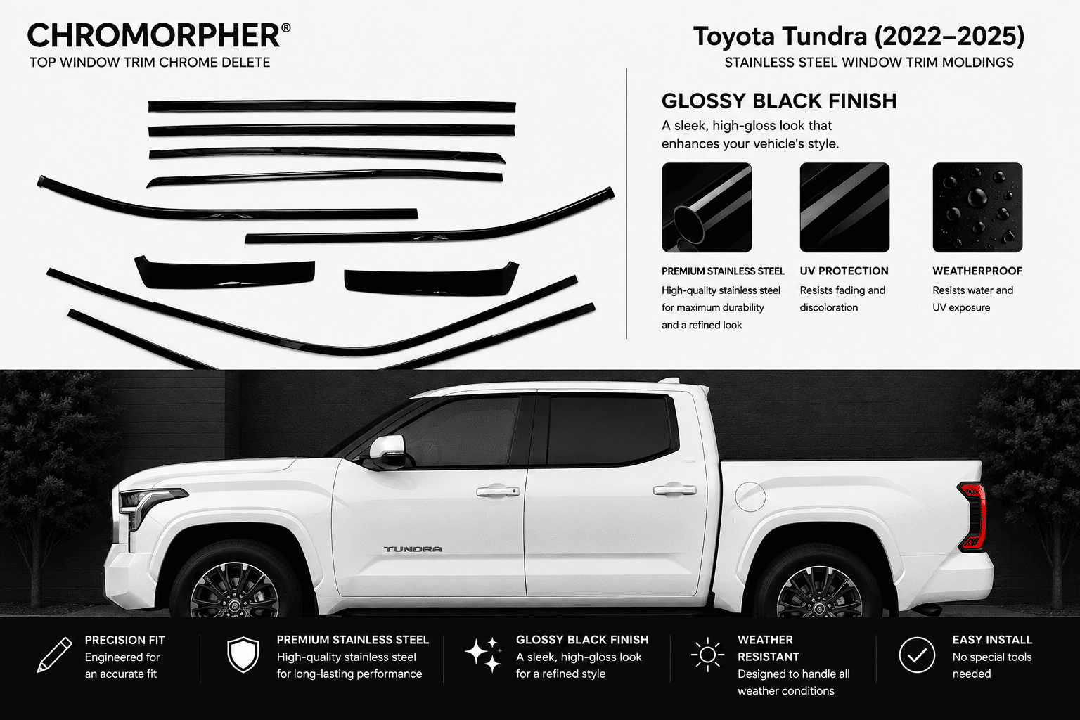 Chrome Morpher top window trim chrome delete decals shown on a white Chevrolet Tahoe, with text detailing the glossy black finish, stainless steel construction, and weatherproof features.