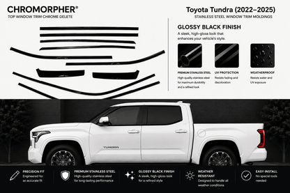 Chrome Morpher top window trim chrome delete decals shown on a white Chevrolet Tahoe, with text detailing the glossy black finish, stainless steel construction, and weatherproof features.