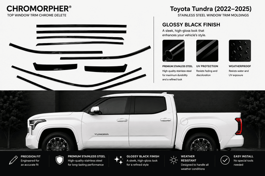 Chrome Morpher top window trim chrome delete decals shown on a white Chevrolet Tahoe, with text detailing the glossy black finish, stainless steel construction, and weatherproof features.