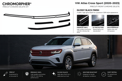 ChroMorpher Volkswagen Atlas Cross Sport front precut chrome delete kit (2020–2023) showing the precut vinyl pieces and the trim area outlined in red.