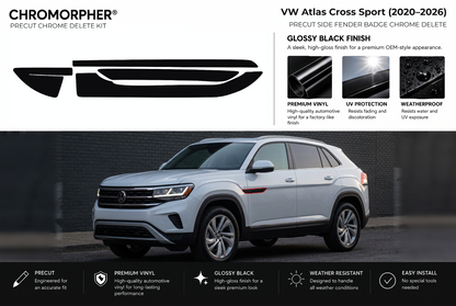 ChroMorpher Volkswagen Atlas Cross Sport side fender badge precut chrome delete kit (2020–2026) showing the precut vinyl pieces and the trim area outlined in red.