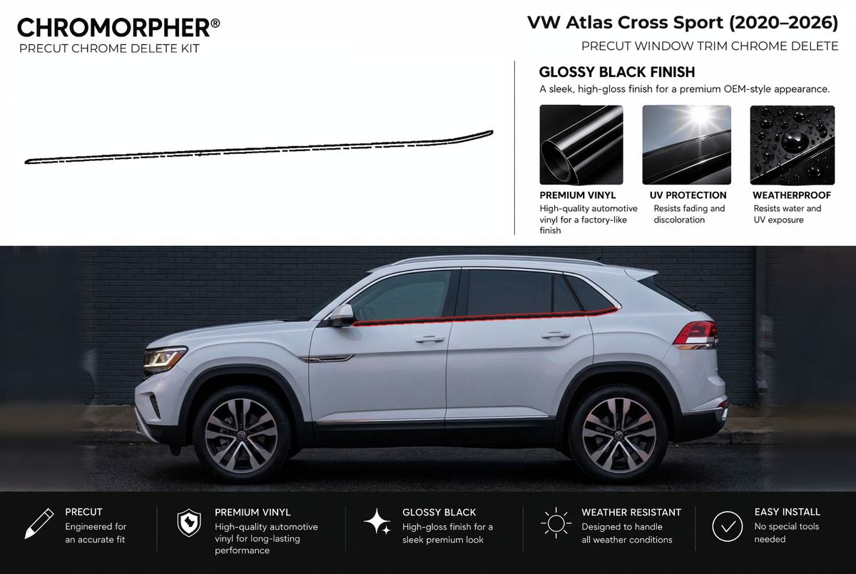 ChroMorpher Volkswagen Atlas Cross Sport window trim precut chrome delete kit (2020–2026) showing the precut vinyl pieces and the trim area outlined in red.
