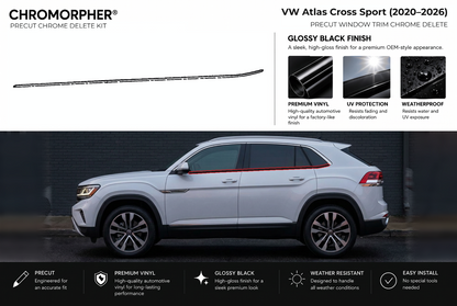ChroMorpher Volkswagen Atlas Cross Sport window trim precut chrome delete kit (2020–2026) showing the precut vinyl pieces and the trim area outlined in red.