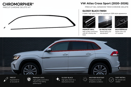 ChroMorpher Volkswagen Atlas Cross Sport SEL window trim precut chrome delete kit (2020–2026) showing the precut vinyl pieces and the trim area outlined in red.