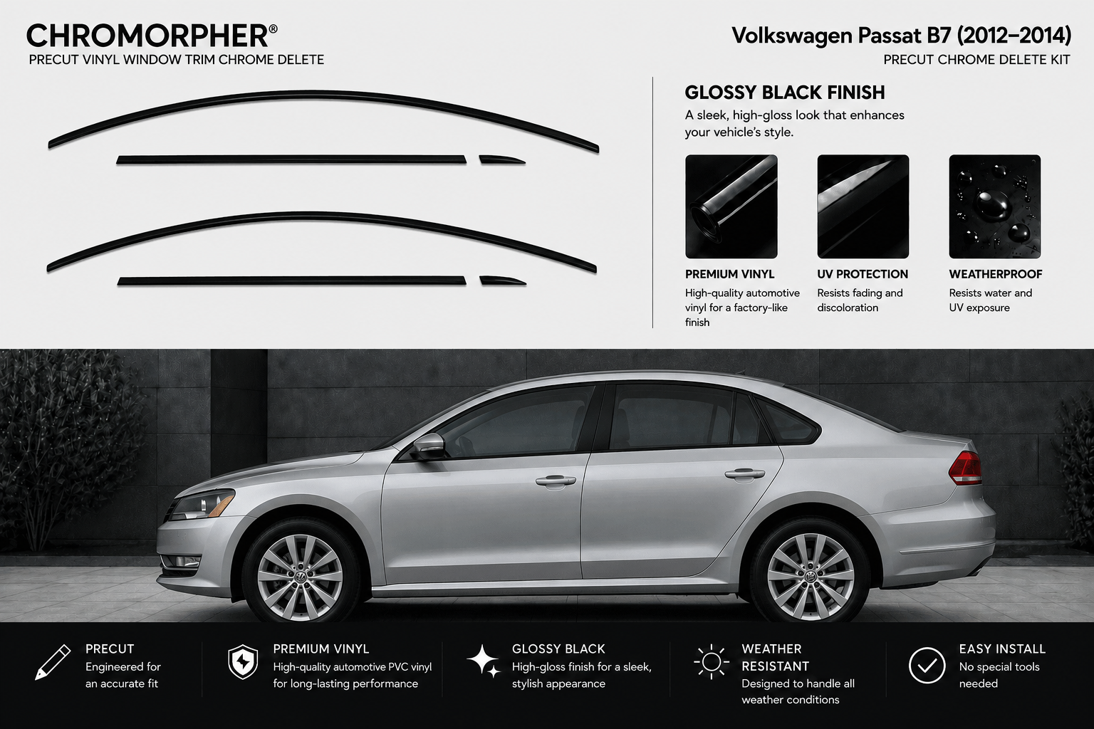 ChroMorpher precut gloss black chrome delete window trim kit for Volkswagen Passat B7 (2012-2014): precut vinyl trim pieces, glossy black finish detail, and the kit installed on the vehicle