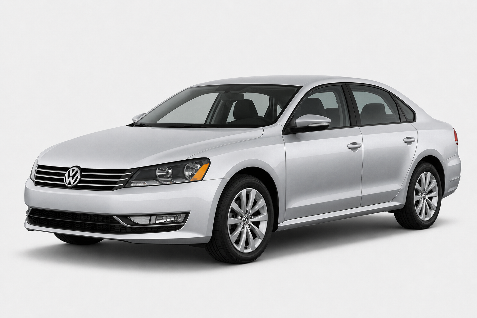Volkswagen Passat B7 (2012-2014) sedan in silver with ChroMorpher precut gloss black chrome delete window trim kit installed, studio photo on a white background