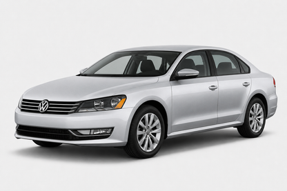 Volkswagen Passat B7 (2012-2014) sedan in silver with ChroMorpher precut gloss black chrome delete window trim kit installed, studio photo on a white background