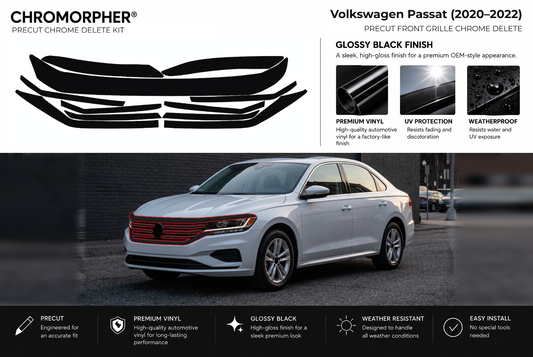 ChroMorpher Volkswagen Passat front grille precut chrome delete kit (2020–2022) showing the precut vinyl pieces and the trim area outlined in red.