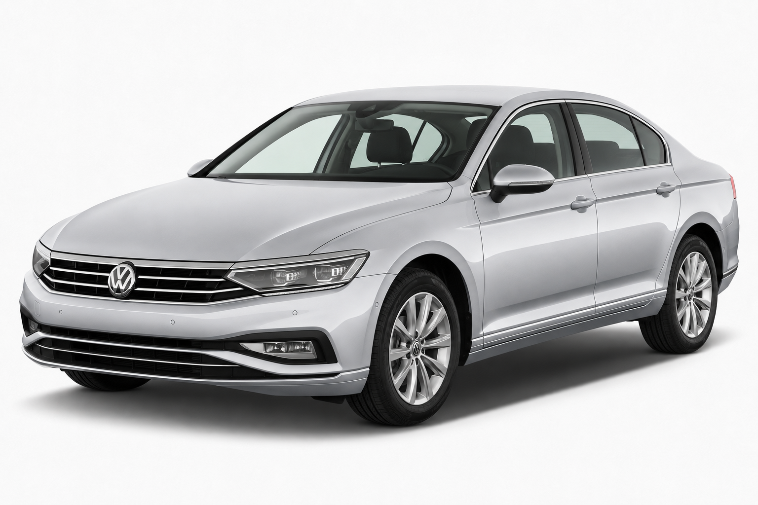 A silver Volkswagen sedan photographed at a three-quarter front angle on a clean white studio background.