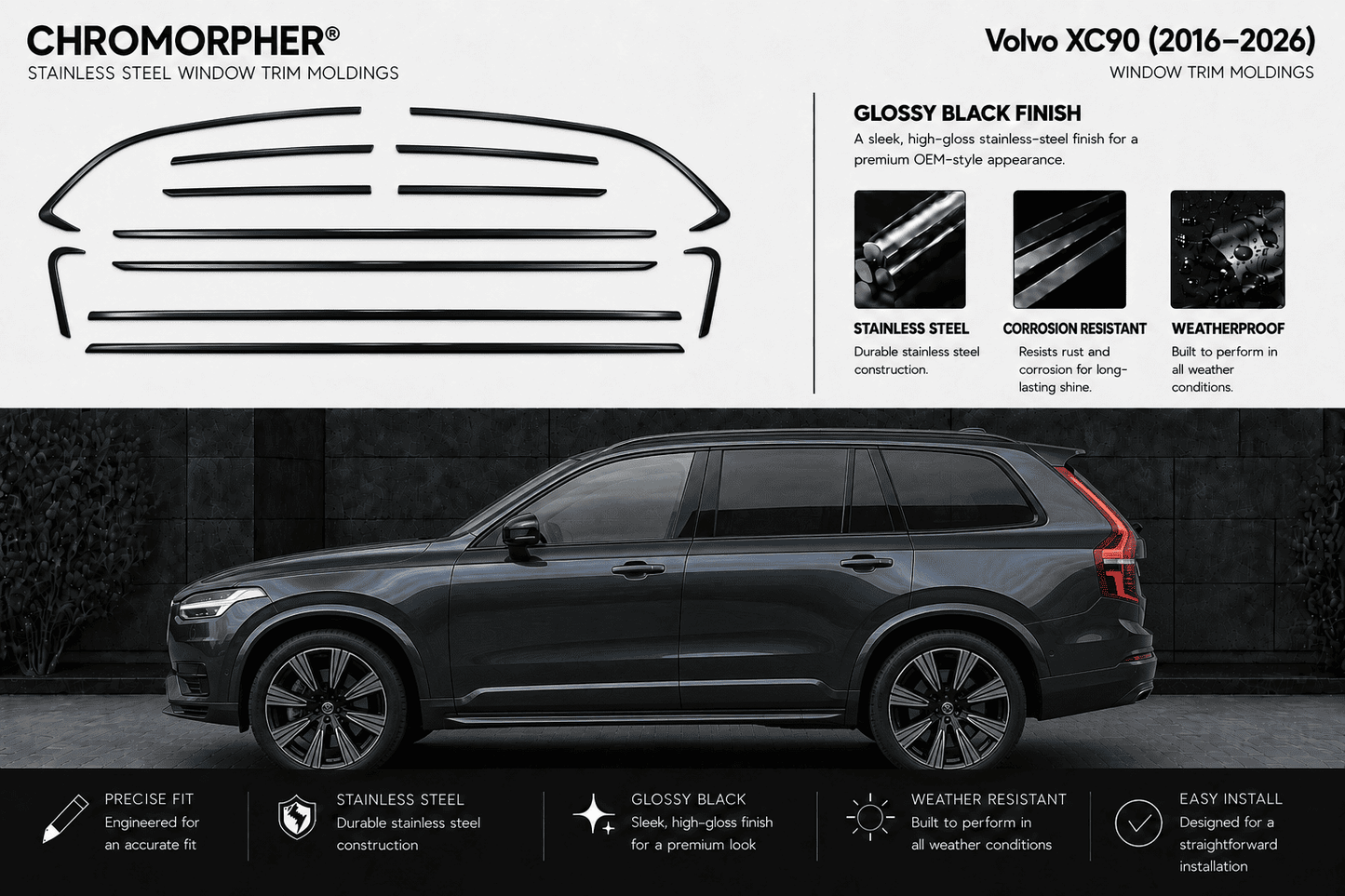 Chromorpher stainless steel window trim molding kit for Volvo XC90 (2016-2026), shown with a black car illustration and a real black Volvo XC90 in a dark setting, with feature callouts and installation benefits.