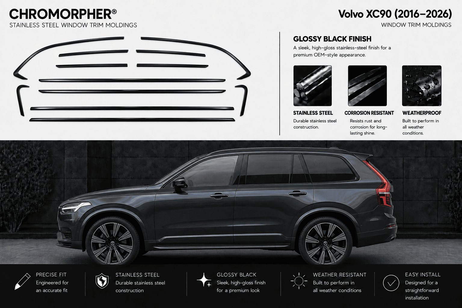 Chromorpher stainless steel window trim molding kit for Volvo XC90 (2016-2026), shown with a black car illustration and a real black Volvo XC90 in a dark setting, with feature callouts and installation benefits.