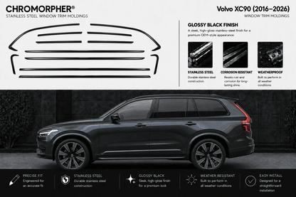 Chromorpher stainless steel window trim molding kit for Volvo XC90 (2016-2026), shown with a black car illustration and a real black Volvo XC90 in a dark setting, with feature callouts and installation benefits.