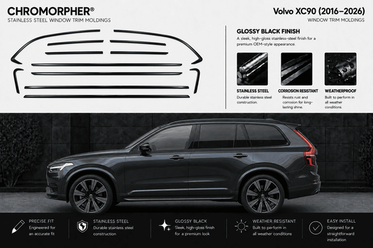 Chromorpher stainless steel window trim molding kit for Volvo XC90 (2016-2026), shown with a black car illustration and a real black Volvo XC90 in a dark setting, with feature callouts and installation benefits.