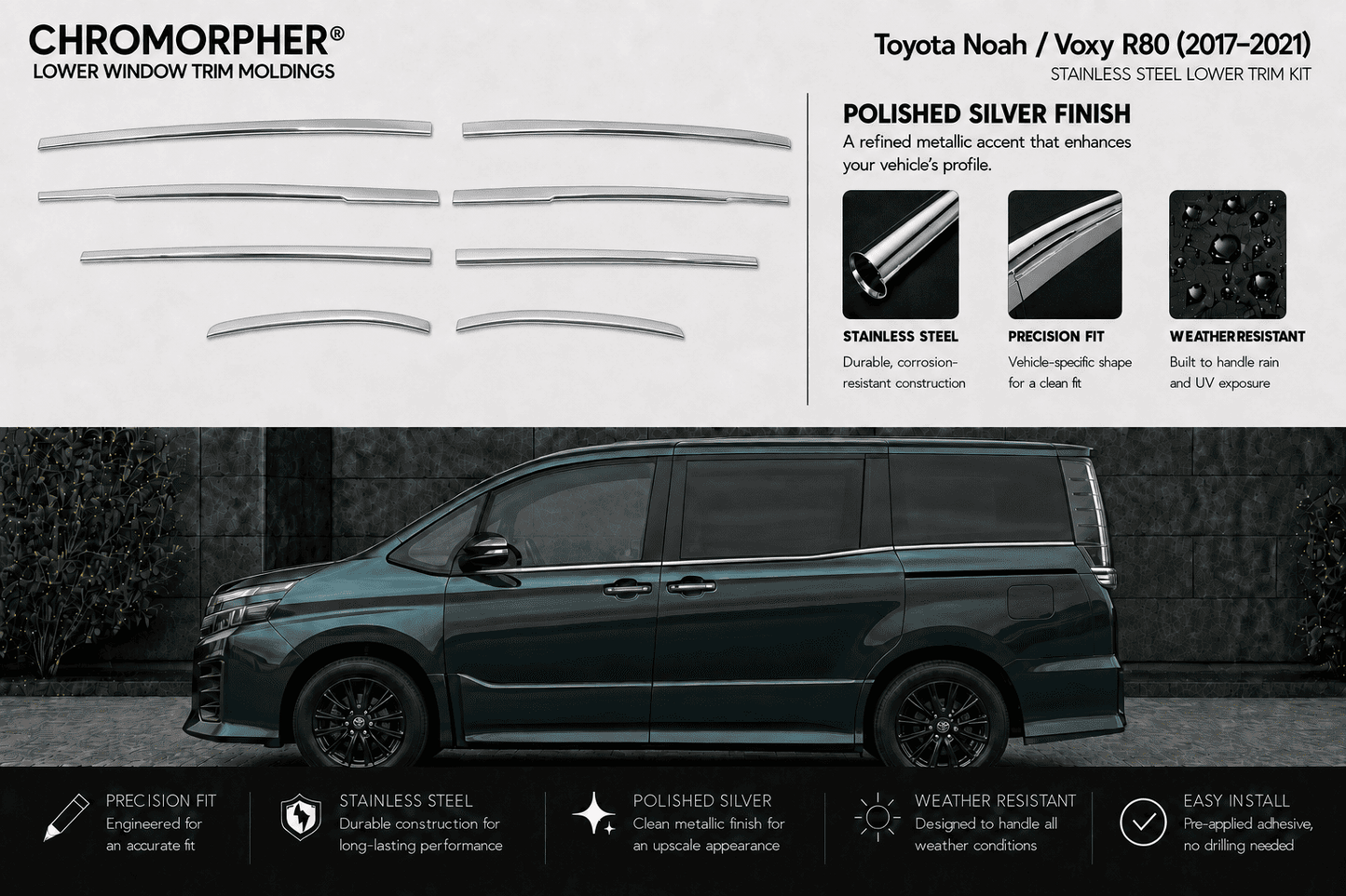 Chromorpher Lower Window Trim Moldings kit for Toyota Noah / Voyo R80 (2017-2021), featuring polished silver stainless steel strip profiles shown on a white background above, with a dark green minivan pictured below to demonstrate fitment.