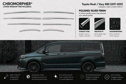 Chromorpher Lower Window Trim Moldings kit for Toyota Noah / Voyo R80 (2017-2021), featuring polished silver stainless steel strip profiles shown on a white background above, with a dark green minivan pictured below to demonstrate fitment.