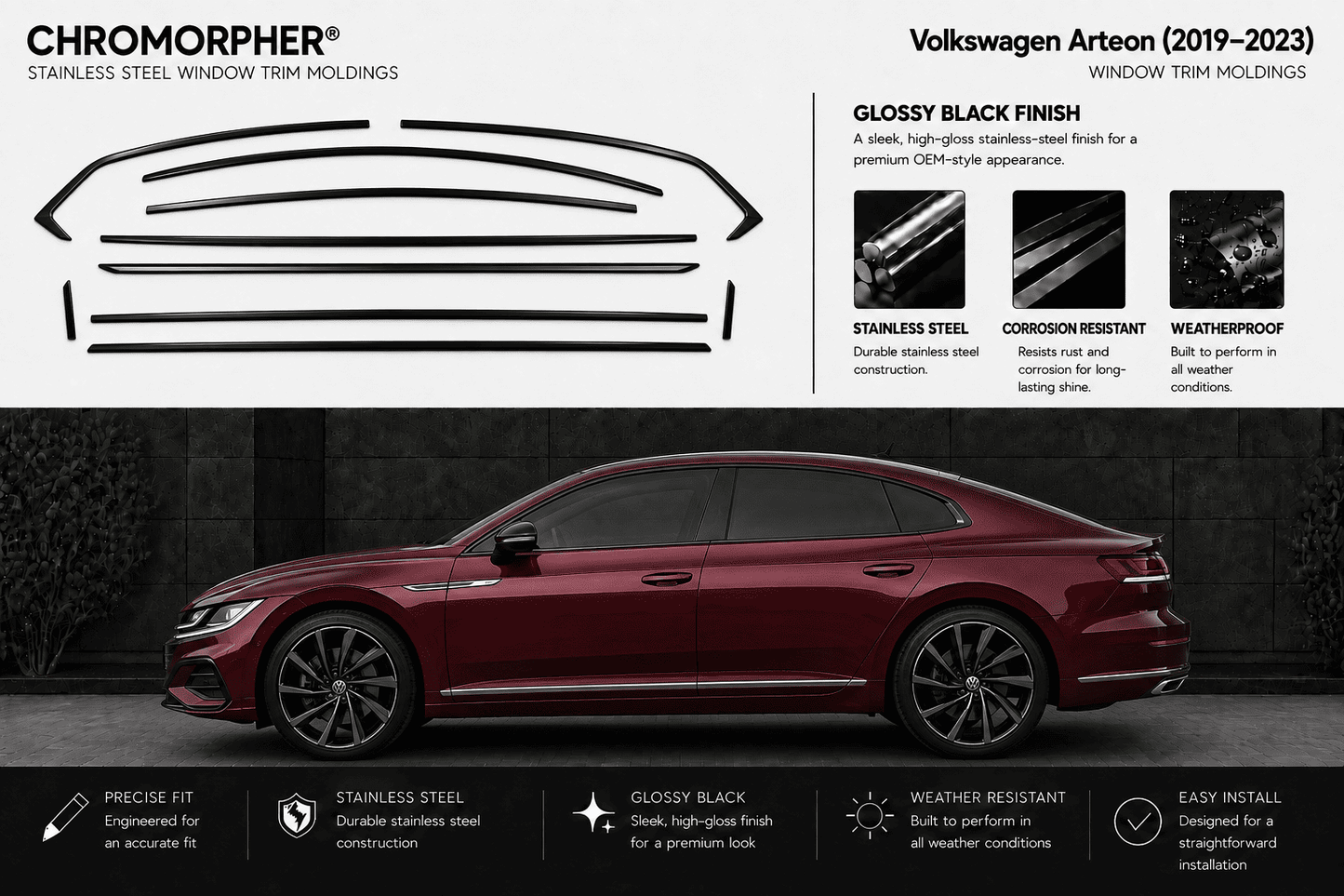Chromorpher stainless steel window trim moldings shown as black line drawings and a set of decals above a side view of a burgundy Volkswagen Arteon (2019-2023) on a dark studio background. Text highlights glossy black finish, stainless steel construction, corrosion resistance, and weatherproof design.