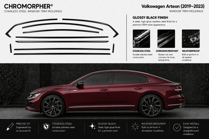 Chromorpher stainless steel window trim moldings shown as black line drawings and a set of decals above a side view of a burgundy Volkswagen Arteon (2019-2023) on a dark studio background. Text highlights glossy black finish, stainless steel construction, corrosion resistance, and weatherproof design.