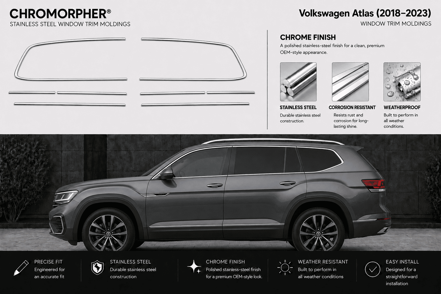 Promotional graphic for Chromorphor Volkswagen Atlas window trim molding, showing multiple trim piece outlines on a light gray background above a dark gray Volkswagen Atlas SUV in a real outdoor-looking setting. Text highlights chrome finish, stainless steel construction, corrosion resistance, and weatherproof design.
