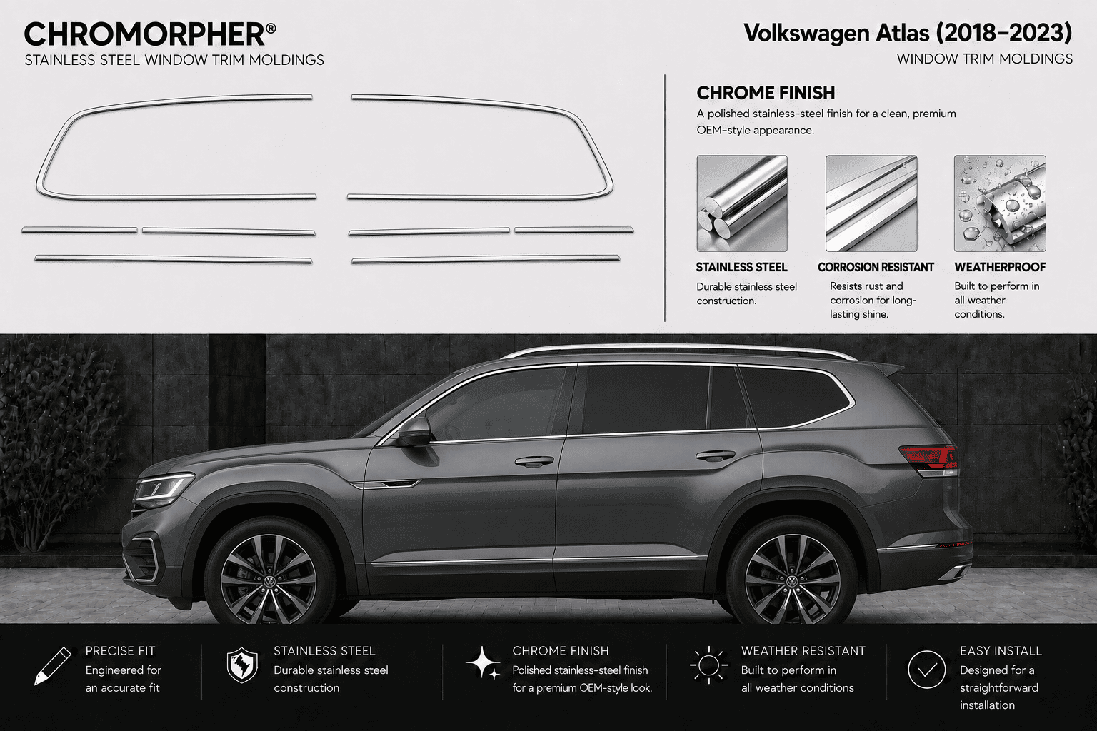 Promotional graphic for Chromorphor Volkswagen Atlas window trim molding, showing multiple trim piece outlines on a light gray background above a dark gray Volkswagen Atlas SUV in a real outdoor-looking setting. Text highlights chrome finish, stainless steel construction, corrosion resistance, and weatherproof design.