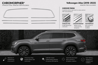 Promotional graphic for Chromorphor Volkswagen Atlas window trim molding, showing multiple trim piece outlines on a light gray background above a dark gray Volkswagen Atlas SUV in a real outdoor-looking setting. Text highlights chrome finish, stainless steel construction, corrosion resistance, and weatherproof design.