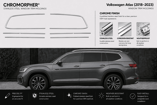 Promotional graphic for Chromorphor Volkswagen Atlas window trim molding, showing multiple trim piece outlines on a light gray background above a dark gray Volkswagen Atlas SUV in a real outdoor-looking setting. Text highlights chrome finish, stainless steel construction, corrosion resistance, and weatherproof design.