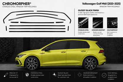 Promotional graphic for Chromorpher Volkswagen Golf Mk8 stainless steel window trim molding, showing a bright yellow hatchback with black window trim and text detailing the glossy black finish and product features.