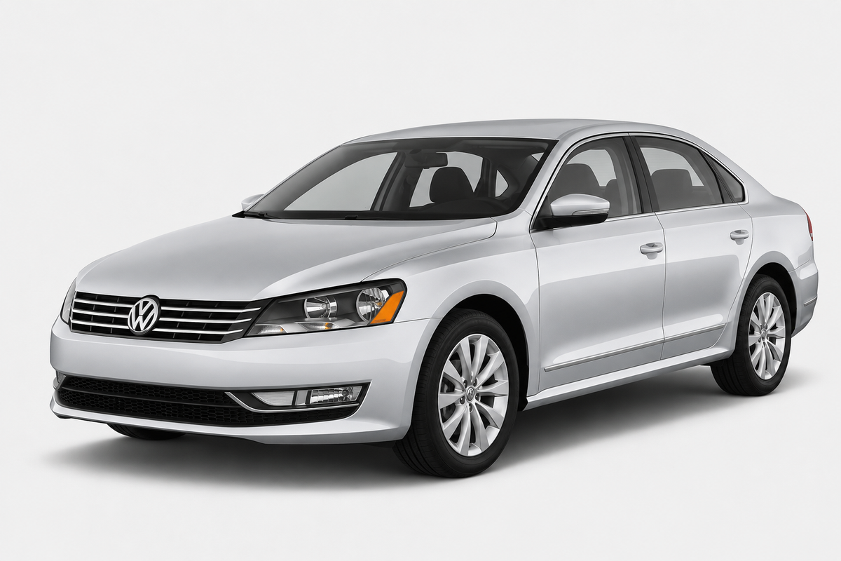 A silver Volkswagen sedan photographed at a three-quarter front angle on a clean light gray studio background.