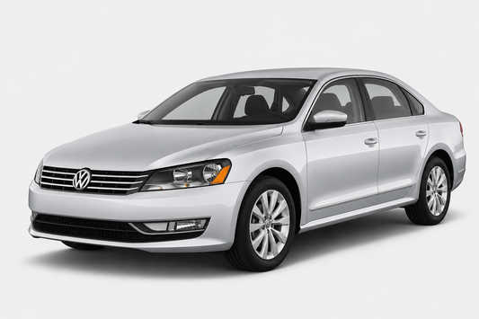 A silver Volkswagen sedan photographed at a three-quarter front angle on a clean light gray studio background.
