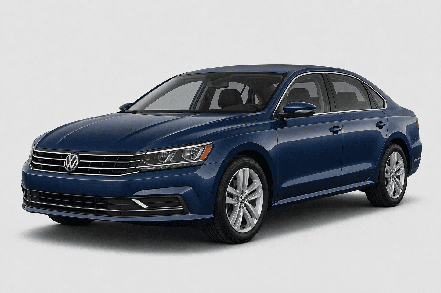 A blue Volkswagen sedan photographed at a three-quarter front angle on a light gray studio background.