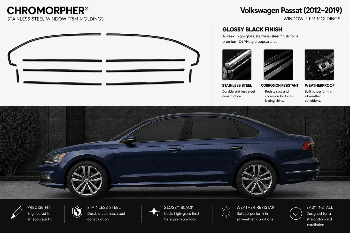Chromorpher stainless steel window trim moldings for Volkswagen Passat (2012-2019) in glossy black finish, shown with a side profile of a dark blue VW Passat and feature callouts on a white background.