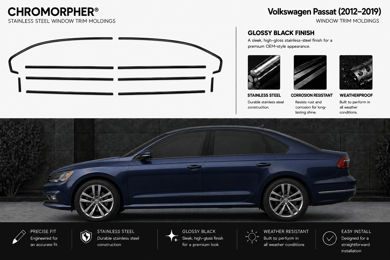 Chromorpher stainless steel window trim moldings for Volkswagen Passat (2012-2019) in glossy black finish, shown with a side profile of a dark blue VW Passat and feature callouts on a white background.