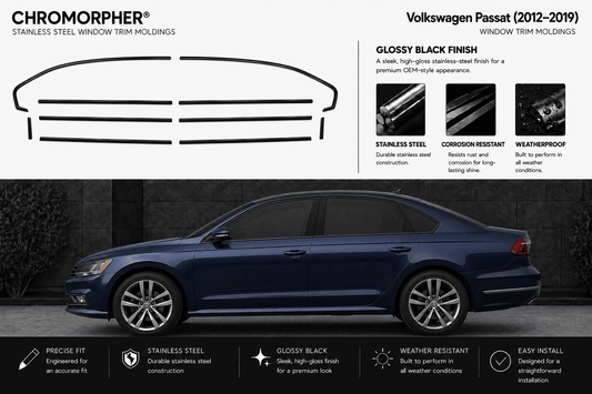 Chromorpher stainless steel window trim moldings for Volkswagen Passat (2012-2019) in glossy black finish, shown with a side profile of a dark blue VW Passat and feature callouts on a white background.