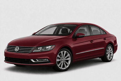 A dark red Volkswagen sedan shown from a three-quarter front angle on a light gray studio background.