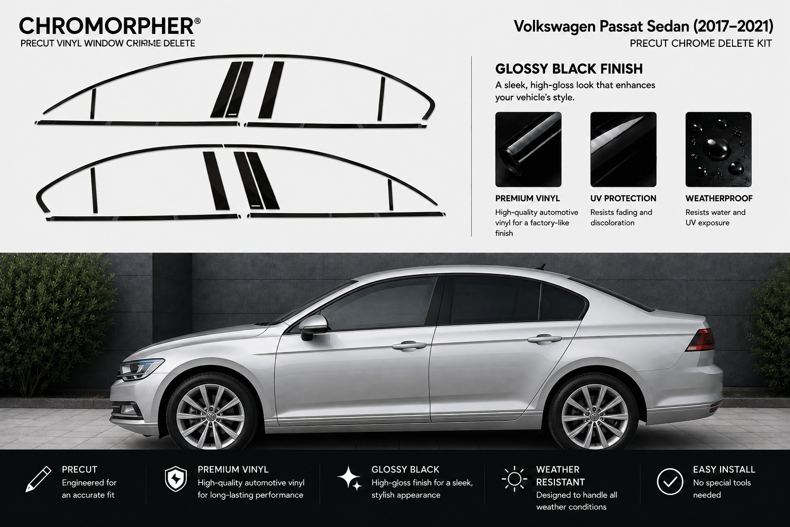 Chromorpher gloss black finish kit for Volkswagen Passat Sedan (2017-2021), showing the vinyl window chrome delete kit graphics on a white background alongside a silver Volkswagen Passat sedan demonstrating the applied effect.