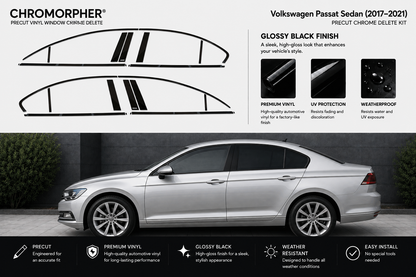 Chromorpher gloss black finish kit for Volkswagen Passat Sedan (2017-2021), showing the vinyl window chrome delete kit graphics on a white background alongside a silver Volkswagen Passat sedan demonstrating the applied effect.