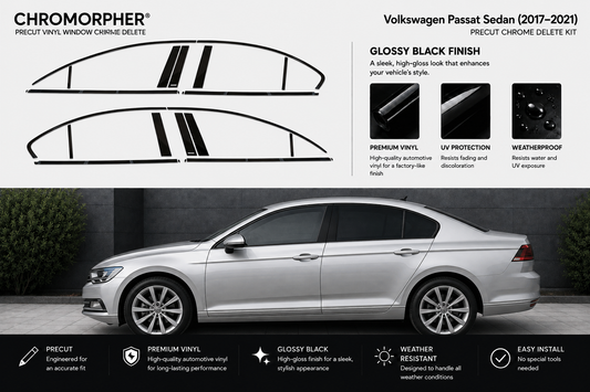 Chromorpher gloss black finish kit for Volkswagen Passat Sedan (2017-2021), showing the vinyl window chrome delete kit graphics on a white background alongside a silver Volkswagen Passat sedan demonstrating the applied effect.